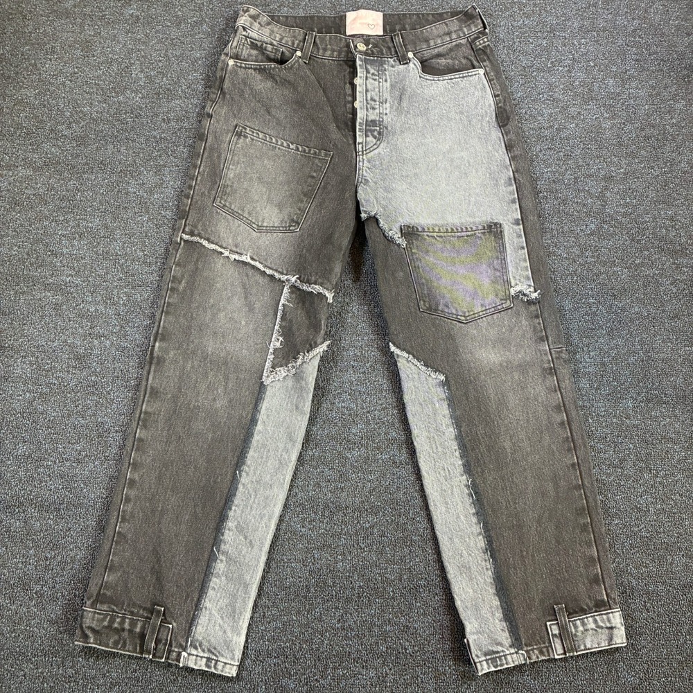 REVICE Denim‎ Two-Tone Patchwork Jeans Women 31 Straight Leg Frayed Grey Black